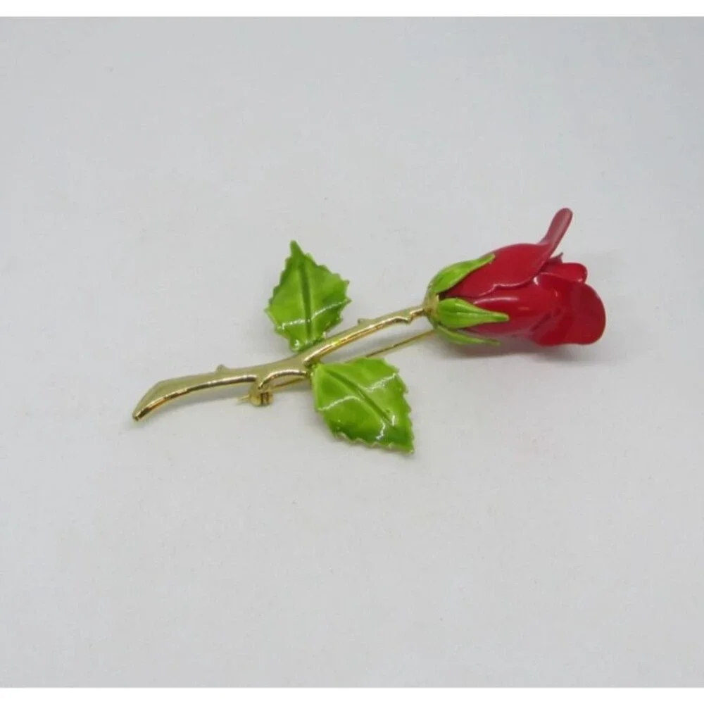 Vintage Red Rose Enameled Brooch With Green Leaves On Gold Tone Stem 3 in